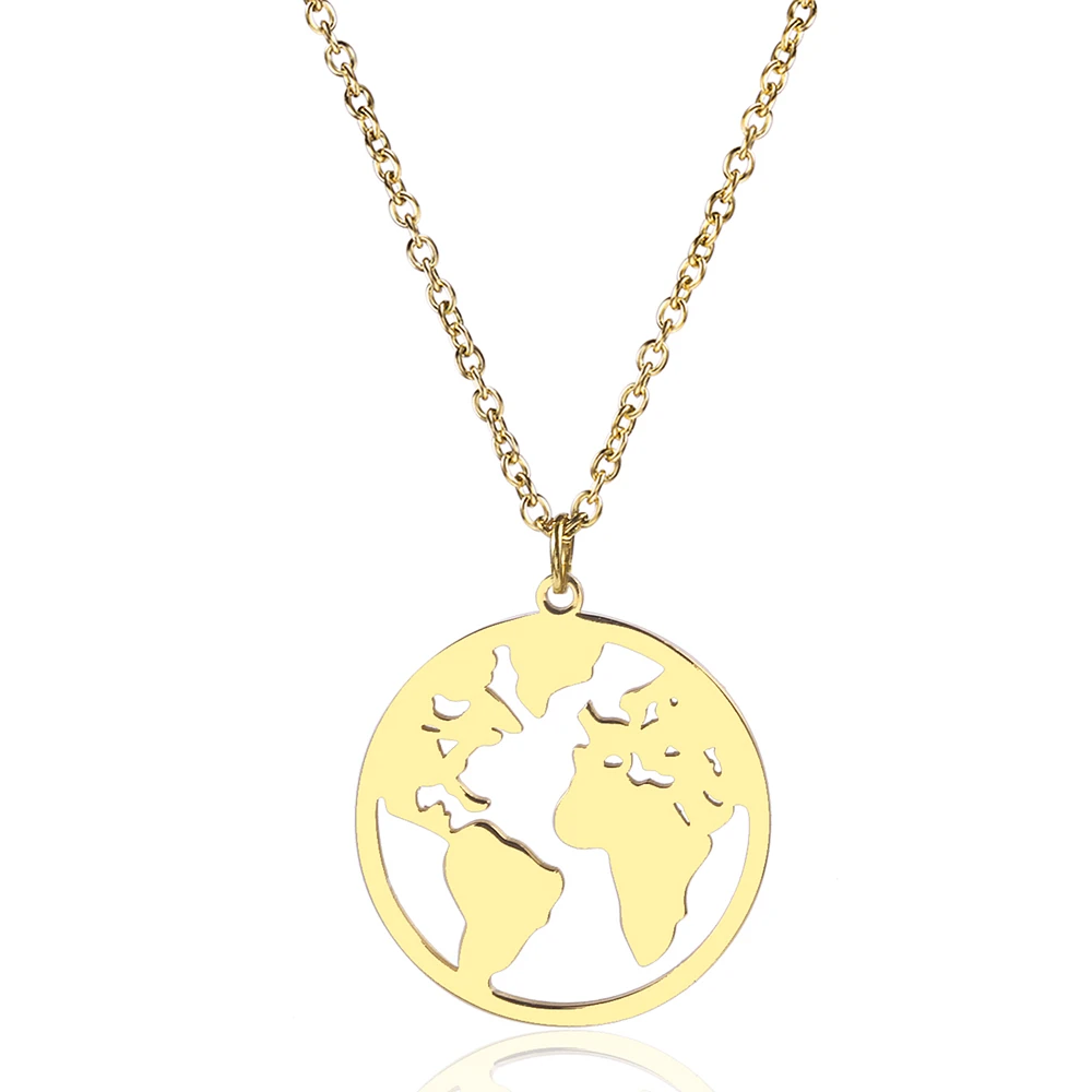 

Stainless Steel 18k gold Jewelry World Map Gold Circle Pendant Necklace