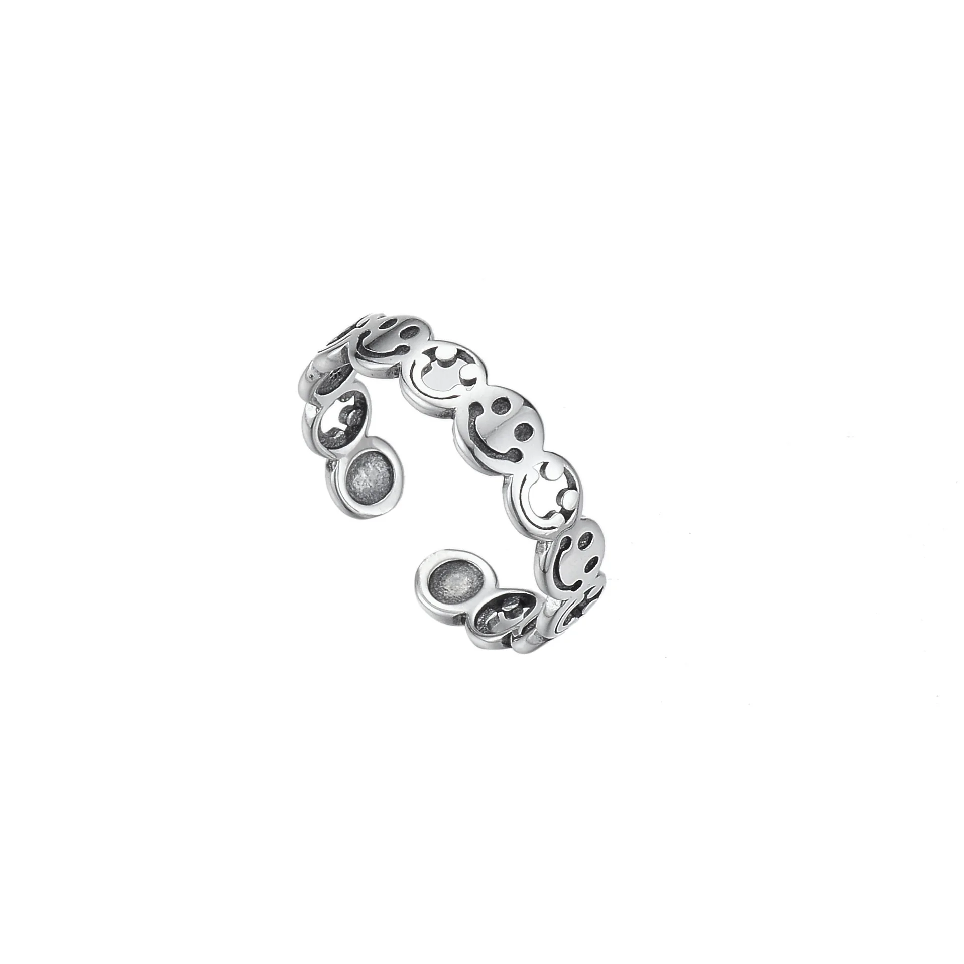 

S925 Sterling Silver Retro Smile Couple Ring Smiley Open  Ring for Men and Women