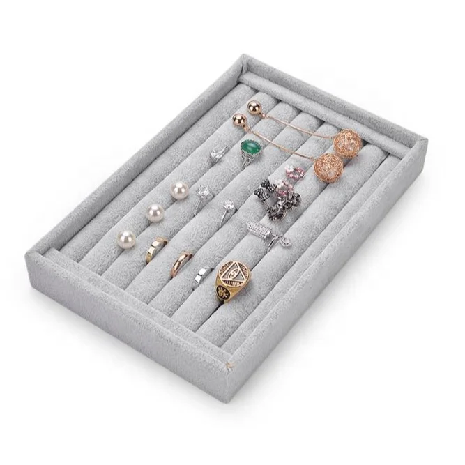 

New Product Wholesale Customized Luxury Velvet Ring Jewelry Display Tray Velvet Jewelry Tray For Display, Grey