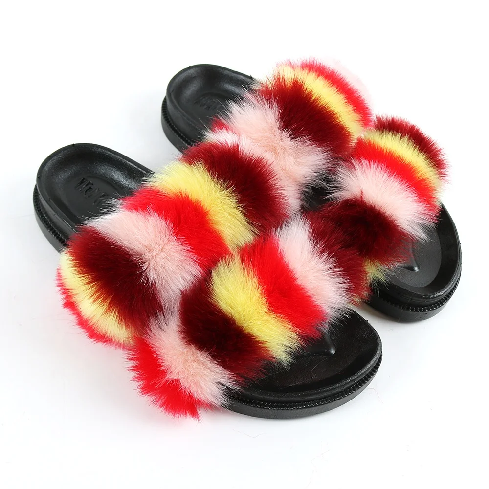 

China Factory Custom Wholesale Fur Slippers 2020 Lady Soft Fur Sandals Raccoon Fox Natural Color Slippers Women Faux Fur Slides, 40 color options