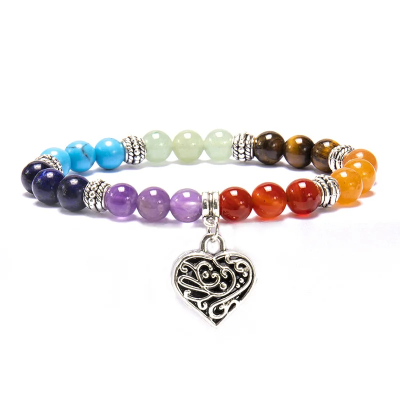 

8MM Newest Healing Energy Yoga Bracelet Antique Silver Color Heart Chakra Stone Beads Stretch Bracelet For Women