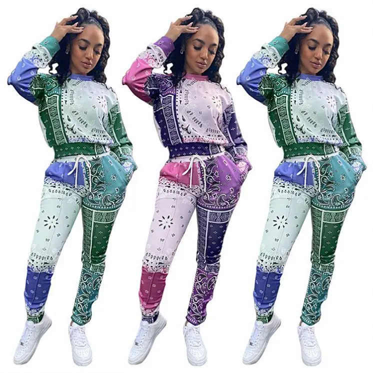 

Newest Design Splicing Round Neck Long Sleeve Casual 2 Piece Jogging Set Women fall 2 piece sets