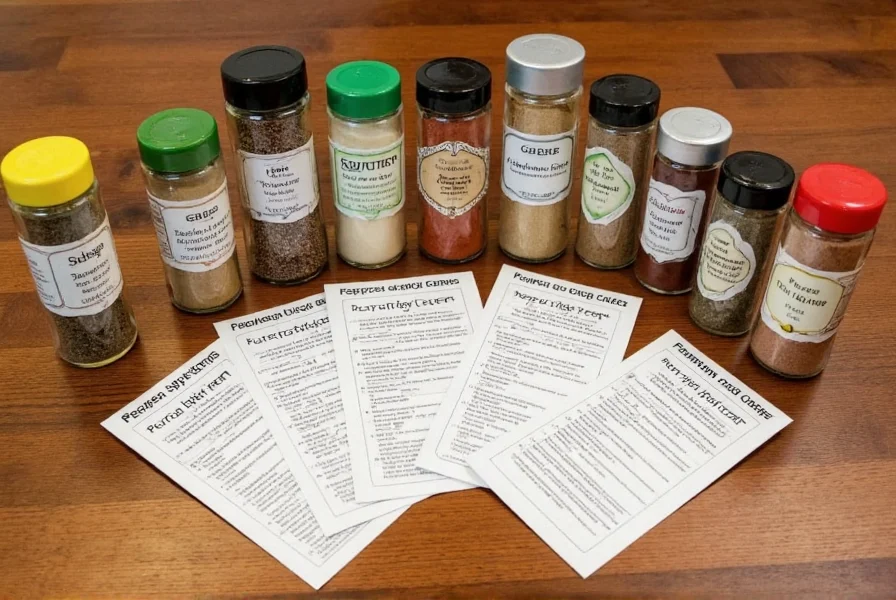 Various spice jars arranged on wooden table showing different pepper substitutes with recipe cards
