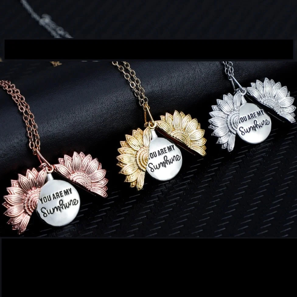 

Stainless Steel Custom Letter Design You Are My Sunshine Openable Locket Sunflower Pendant Necklace for Mama Wife Boys