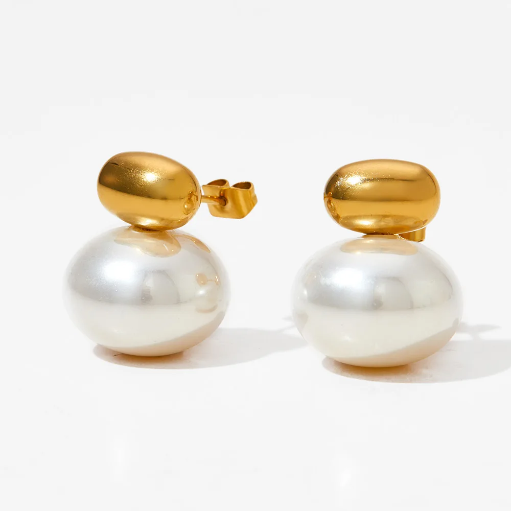 

Simple Oval Bead Pearl Stud Earrings Gold Plated Jewelry Stainless Steel Pearl Earrings Jewelry For Women