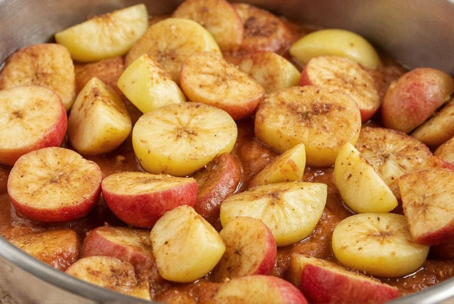 Close-up of perfectly cooked cinnamon apples showing distinct slices with glossy cinnamon coating
