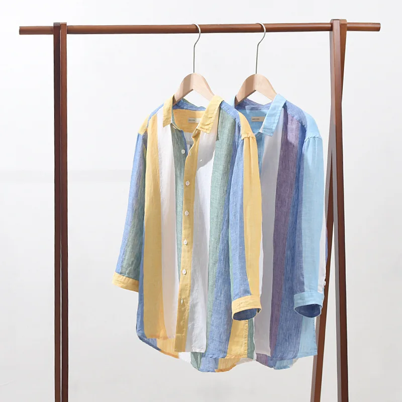 

Striped Linen Shirts for Men Pure Hemp Made Breathable Comfortable Long Sleeve Loose Autumn Winter lapel shirt Vertical Stripe