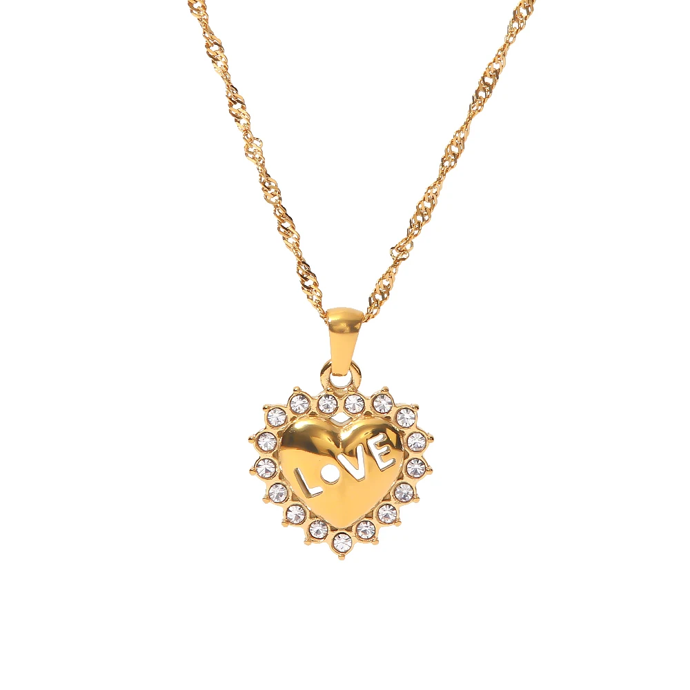 

New Trend Jewelry 18K Gold Plated Stainless Steel Cubic Zirconia Chunky Love Heart Pendant Necklace