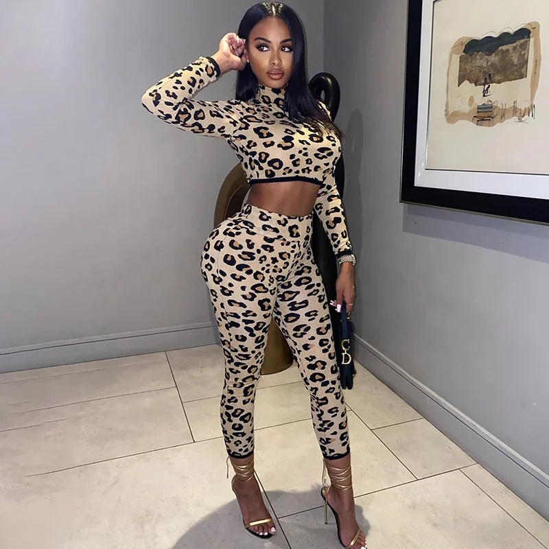 

Wholesale Summer Women 2 Piece Set Long Tight Sweatpants and Turtleneck Long Sleeve Crop Top Set For Ladies Fashion Tracksuits, Leopard