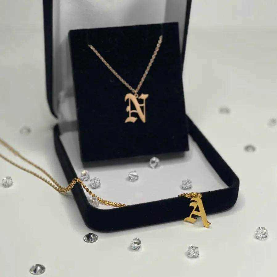

26 Old Enghlish Initial Necklace Letter Choker 18k Gold Plated Stainless Steel Word Pendant necklace for women