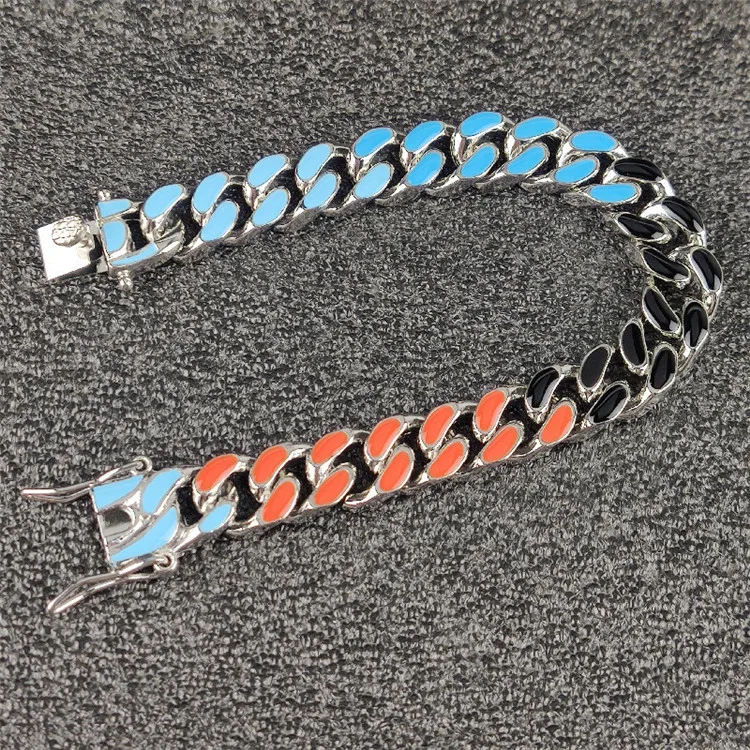 

New hip-hop stainless steel dripping oil seven color stitching Cuban chain 12mm fashion trend men and women bracelet, Silver,gold or custom