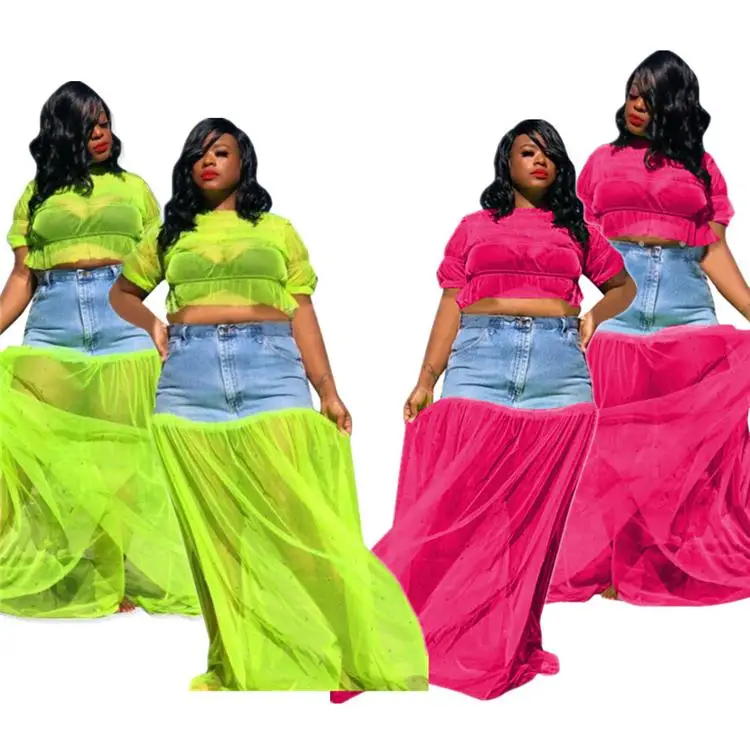 

2021 New Design Red Long Sleeve Mesh Patchwork Jeans Skirt Dress Two Piece Sets Fashionable Womens Clothes Mesh Dress