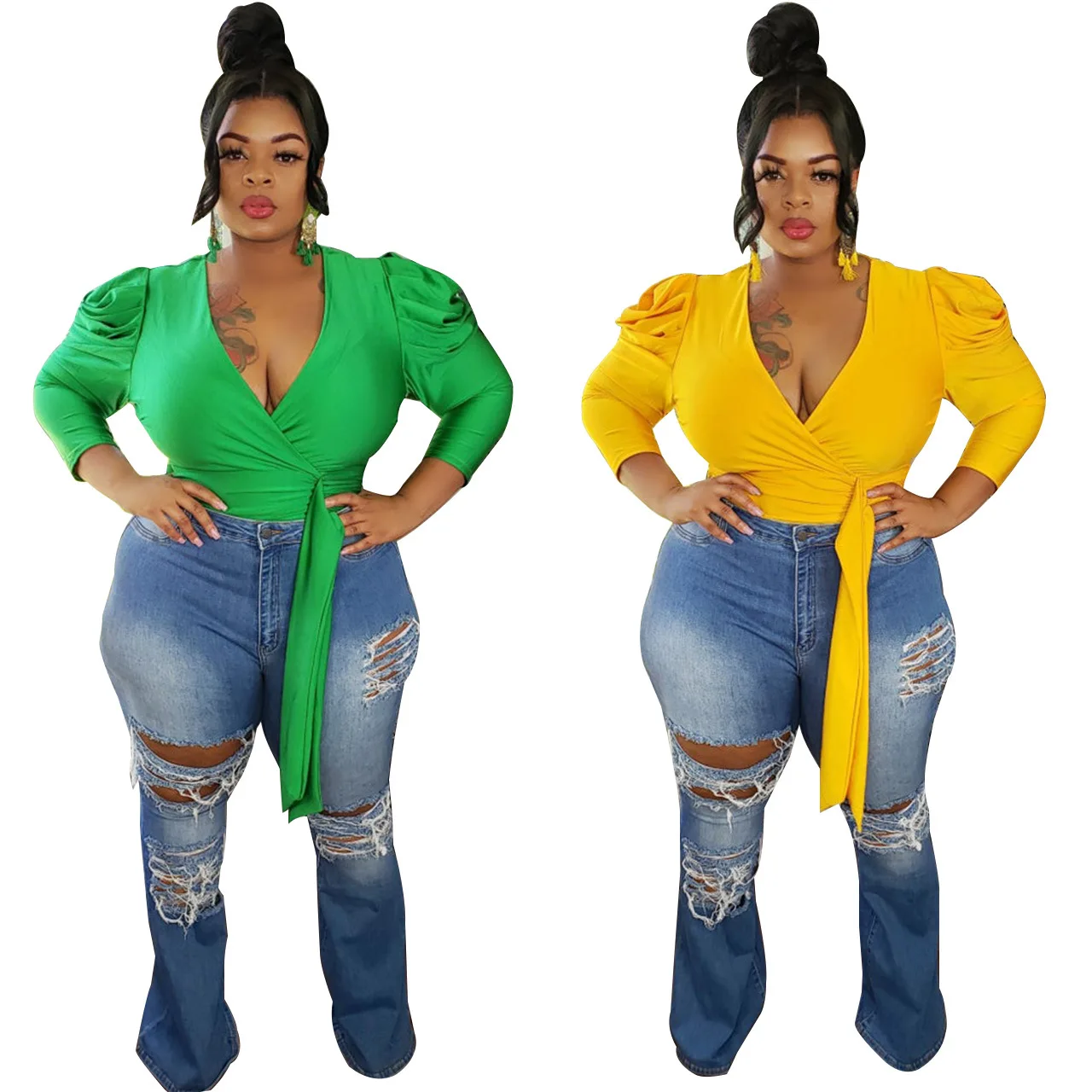 

Sexy top Long sleeve V-neck fall girl clothing fall one piece plus size women tops clothing, Yellow,green