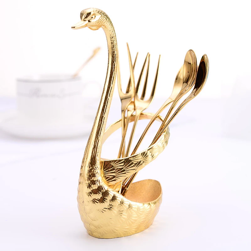 

Creative Reusable Cutlery Zinc Alloy Swan Cutlery Set Dessert Fruit Knife And Fork Promotional Gift Hotel Supplies, Gold,sliver