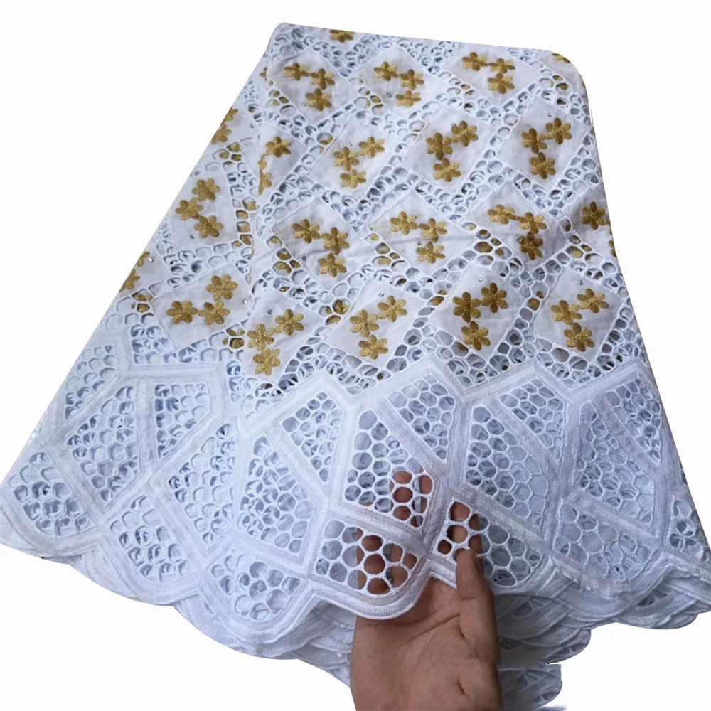 

Beautifical embroidery eyelet dress white swiss fabric gold cotton lace ML56R113, Customized