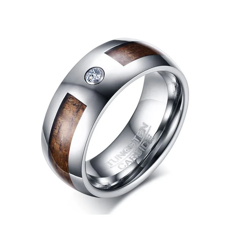 

Poya Comfort Fit High Quality Shining Zircon Diamond Stone Domed 8mm Wood Inlay Tungsten Ring For Men, Customized color