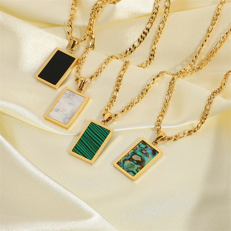 

Rectangle Abalone Malachite Onyx Mother of Shell Pendant Willow Necklace Gold Plated Stainless Steel Figaro Chain Necklace