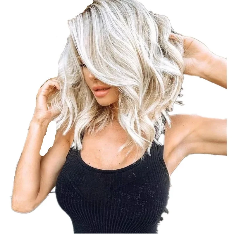 

Wig For Ladies Gradient White Gold Wave Wig Rose Mesh Headgear, Pics