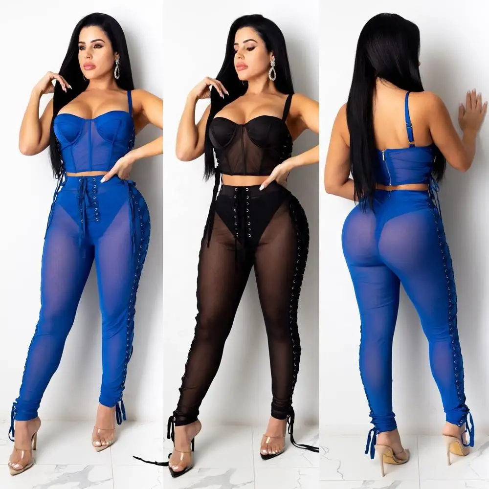 

2021 Sexy Women Patchwork Solid Color Sun Top Skinny Trousers Eyelet Belt Legging Casual Outfits Two Pieces Pants Set, Shown