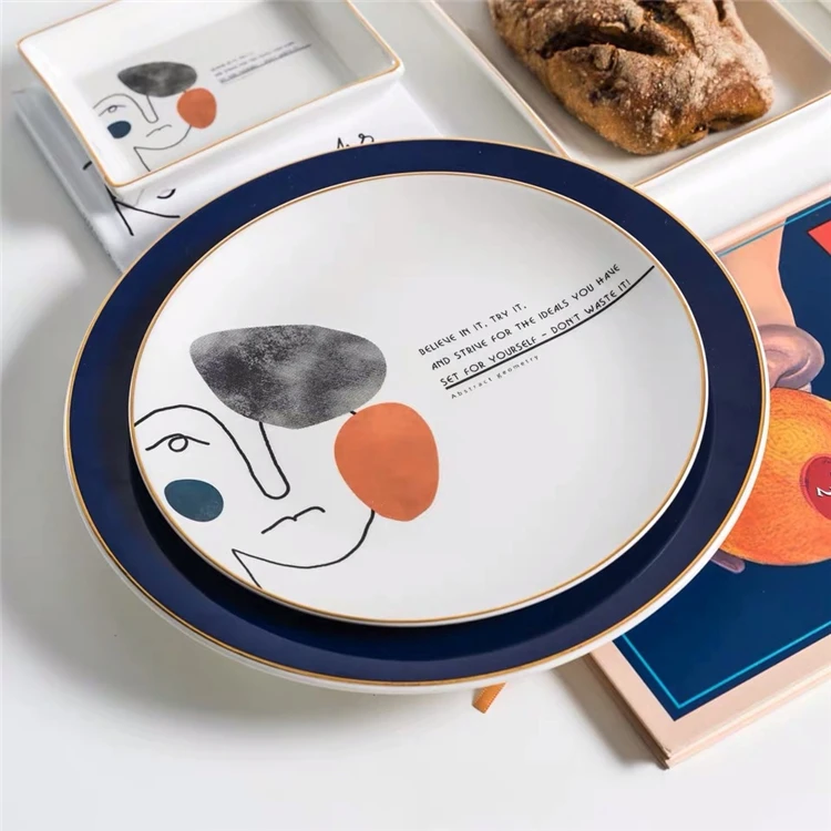 new design novelty custom decal printed artistic abstract wholesale white dinner ceramic plates with gold rim .jpg