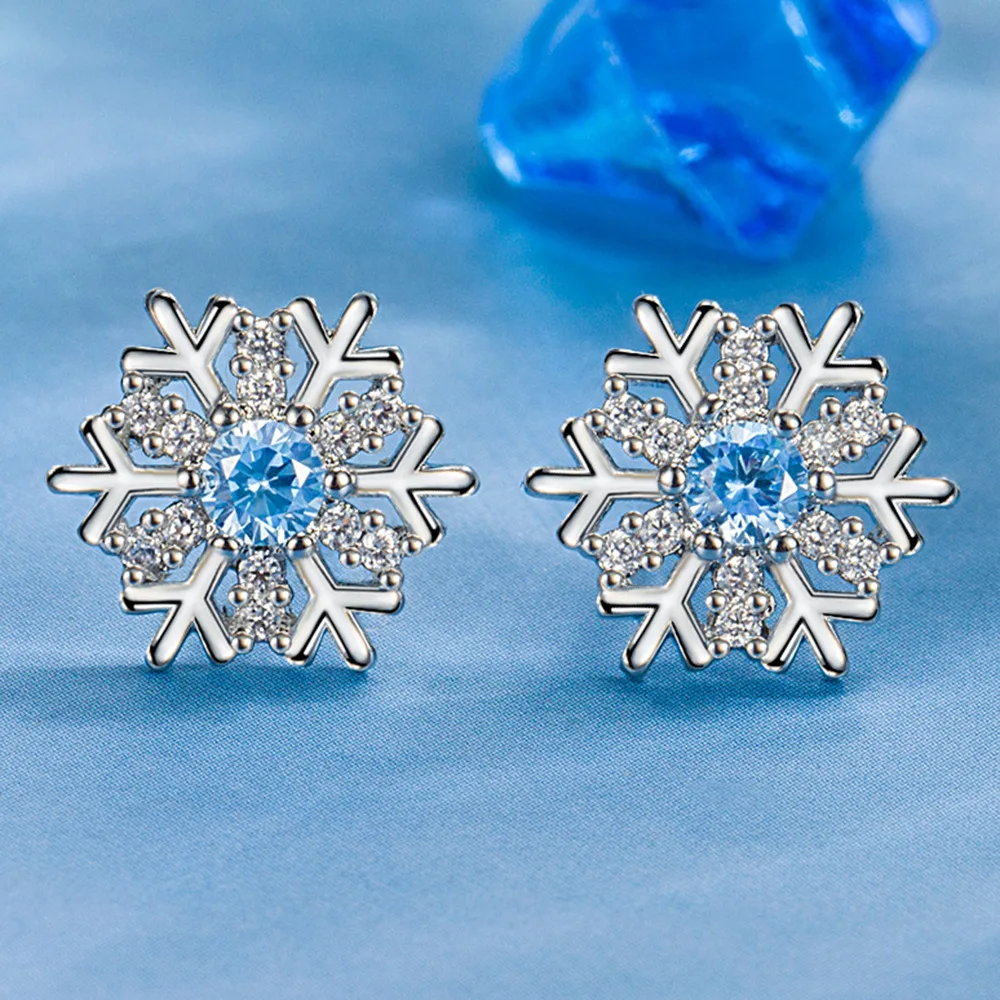 

Romantic Simple Blue Snow Shape Zircon Inlaid Stud Earrings European And America For Women