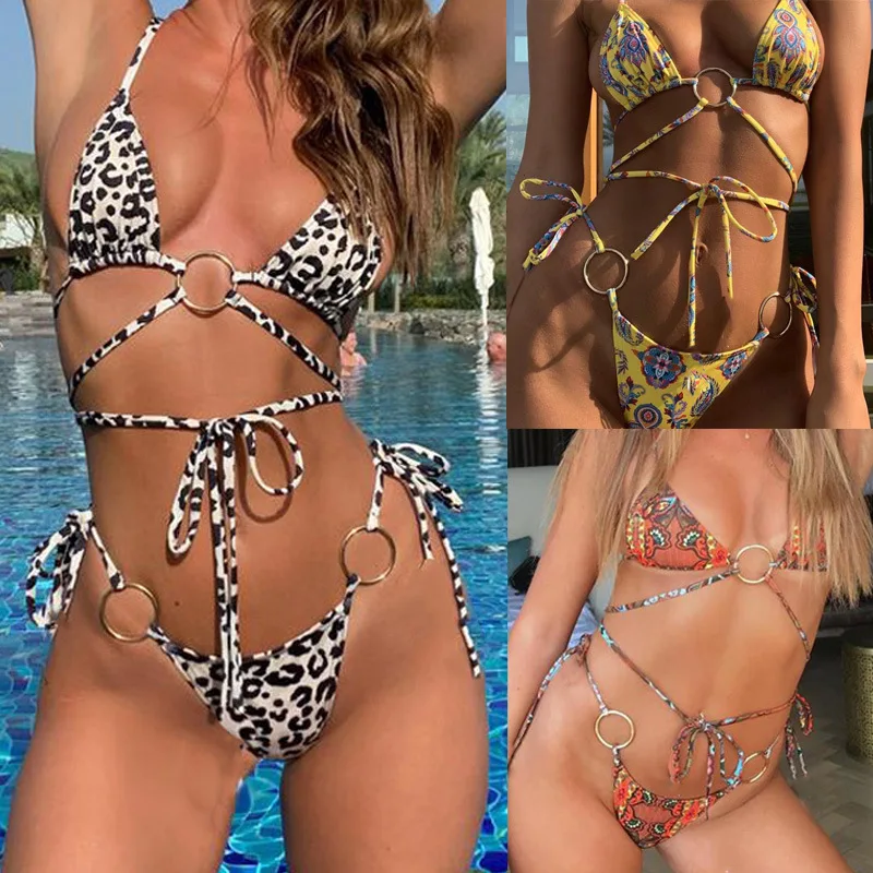 

Sexy women cover up swimwear & beachwear custom logo label tag Frill Trim Tie Side Bikini Swimsuit