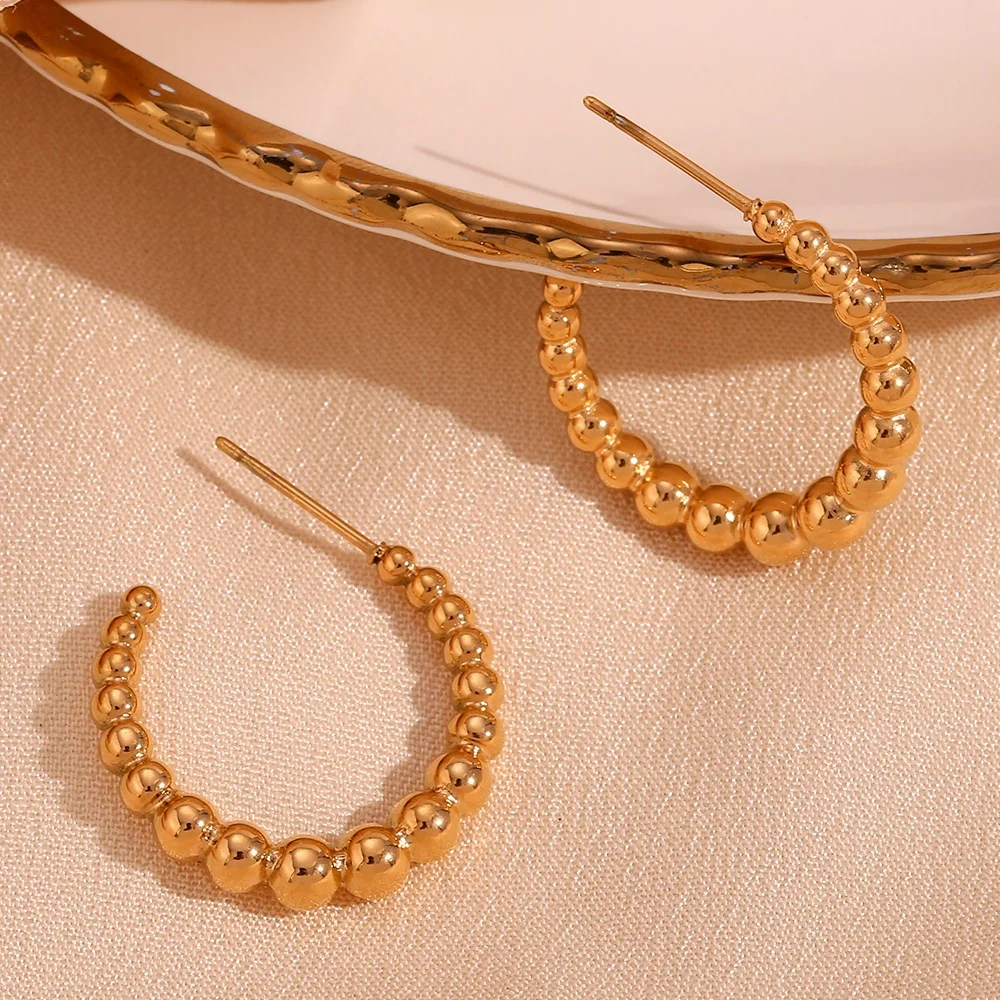 PVD Gold Plated Jewelry Beads Earrings Non Tarnish Water Proof Jewelry Stainless Steel Hoop Earrings boucles d'oreilles