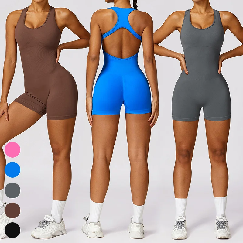 

Sexy Hollow Out Back Sleeveless Bodysuit Short Sports Jumpsuit One Piece Gym Fitness Jumpsuits Seamless Yoga Jumpsuit For Women