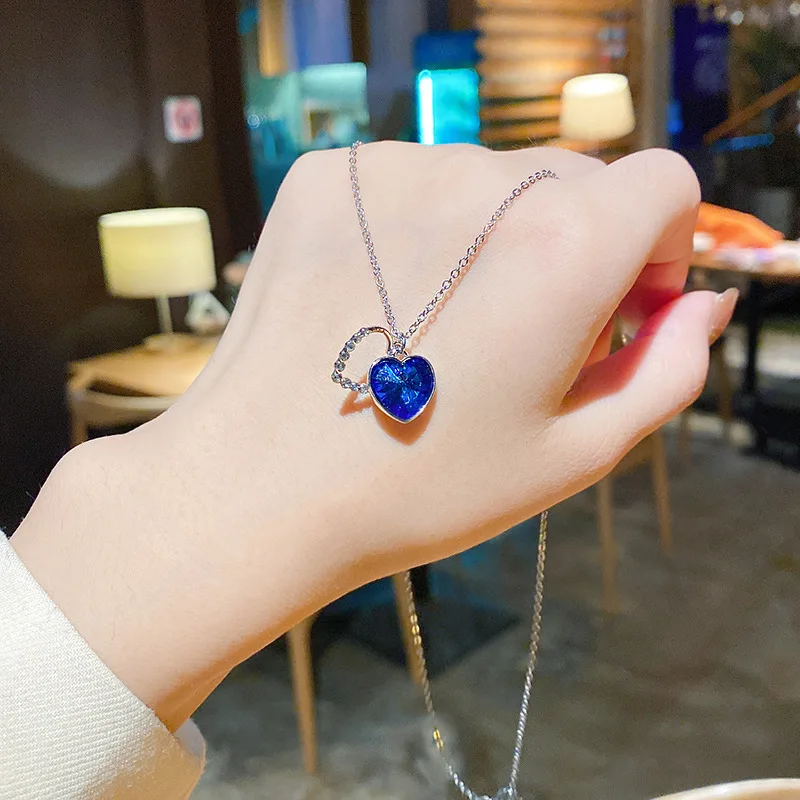 

DAIHE Fashion Jewelry Blue Ocean Heart Pendant Necklace Ladies Zircon Crystal Clavicle Chain