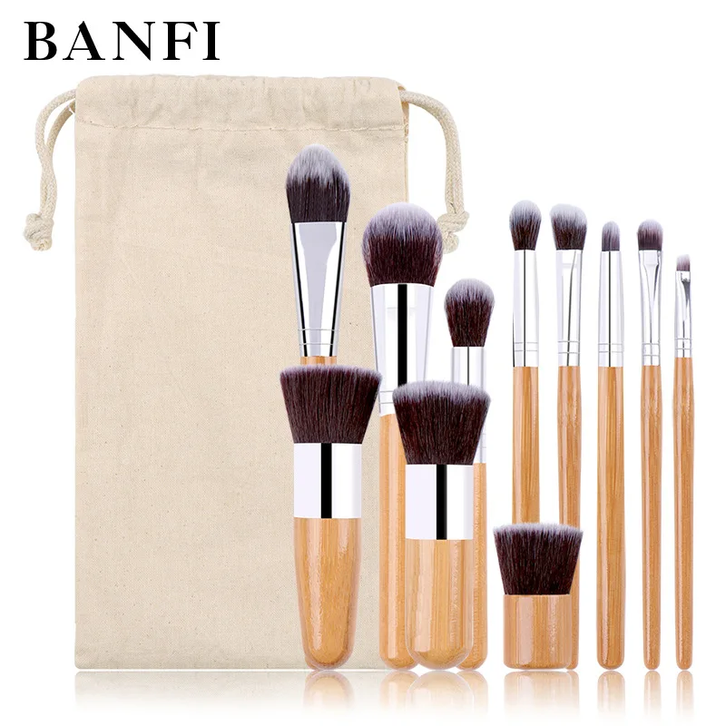 

Banfi 11PCS Brochas De Maquillaje De Bambu Kabuki Brushes China Custom Logo Natural Bamboo Handle Makeup Brush Set, Original bamboo color