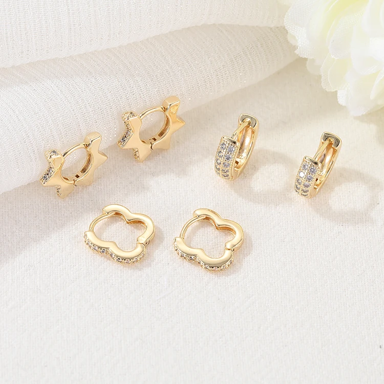 

Wholesale Fashion Jewelry Micro Pave CZ 14K Gold Plated Star Four Leaf Clover shape Huggie Hoop Earrings
