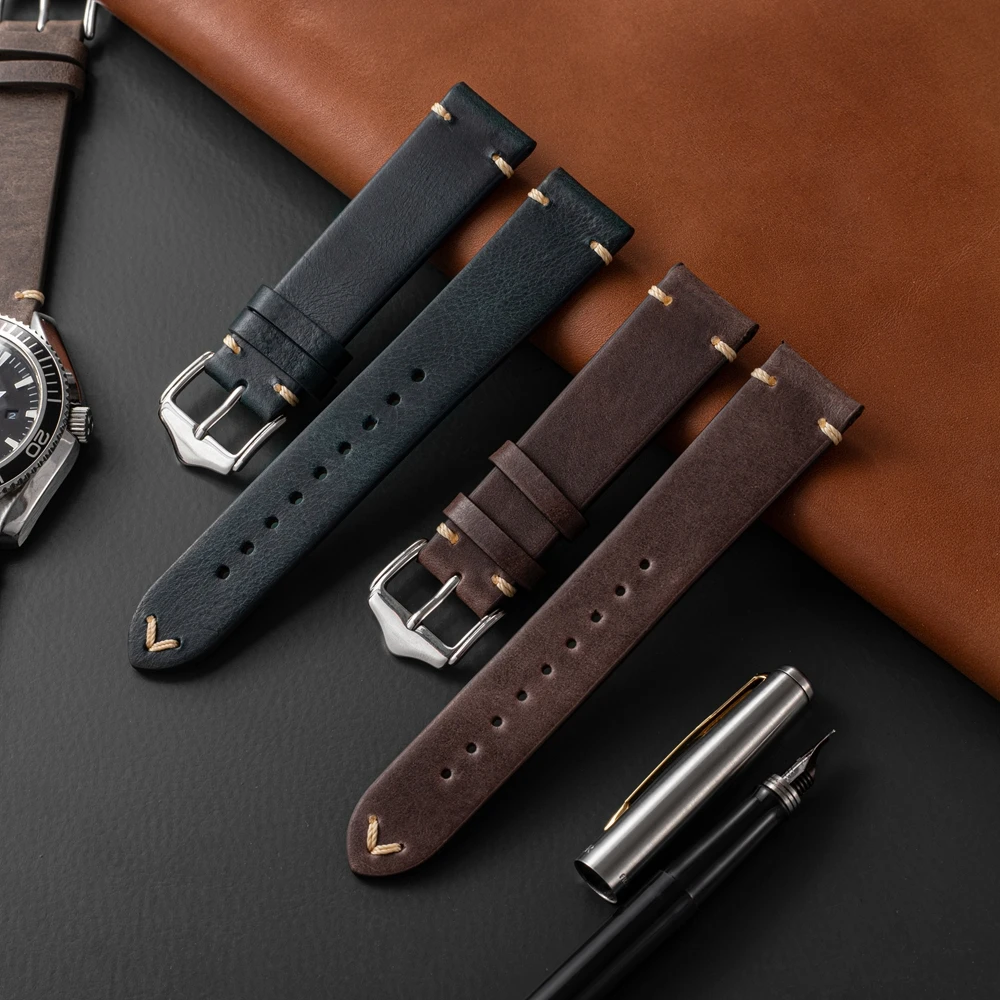

EACHE 18mm 20mm 22mm Luxury Oil Waxed Genuine Leather Watch Strap Watchband Light Brown Black Gray Leather Watch Band