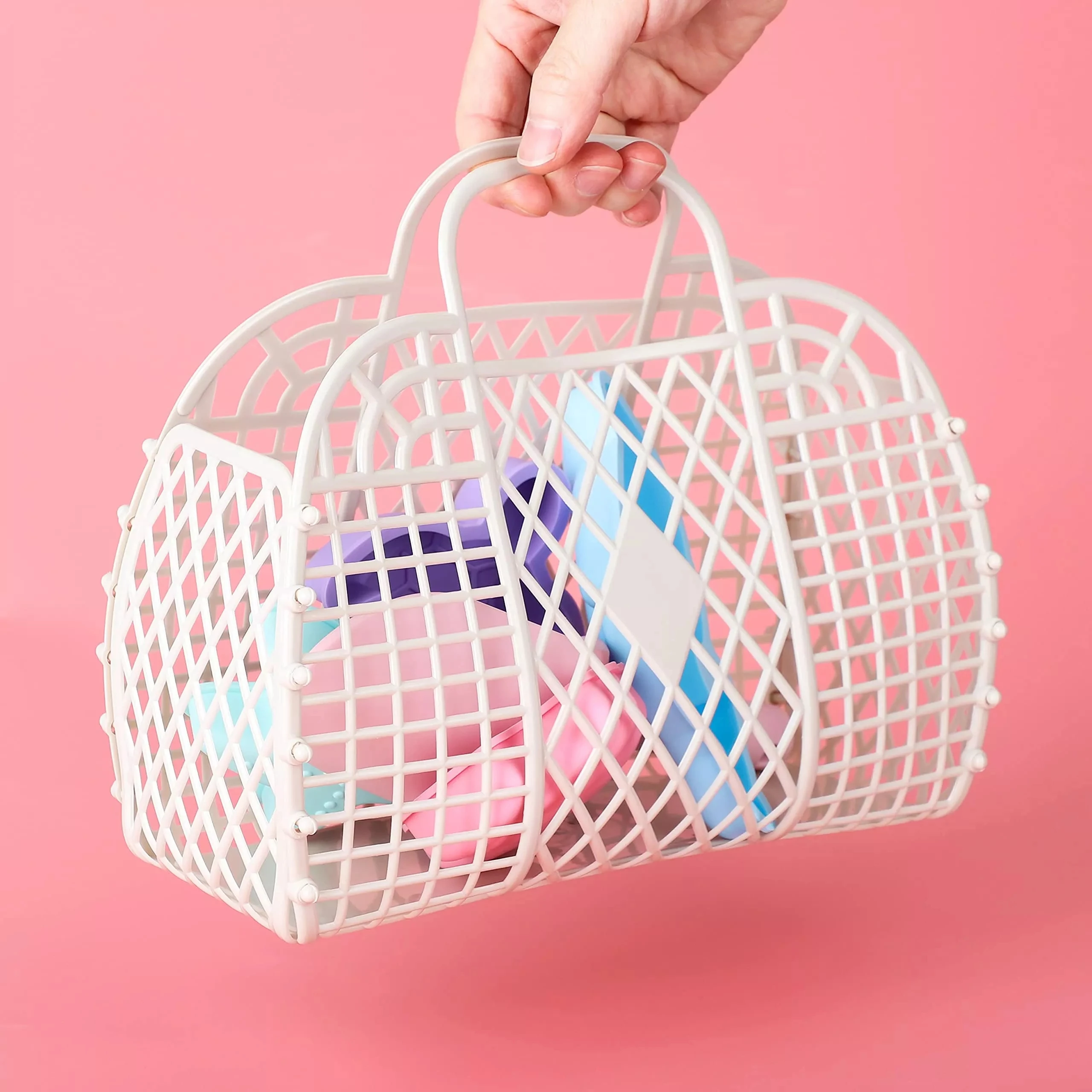 

Wholesale Ins Hot Solid Retro Candy Portable Jelly Basket Bag fashion design Hollow out Hand bags Tote Handbags For Women, 5 colors