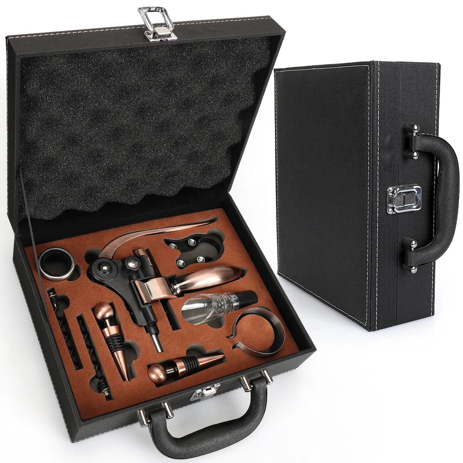 

Factory Directly Sale Wine Accessories Sets 9 Kits in Leather Box for Wine Lovers, Silver. bronze