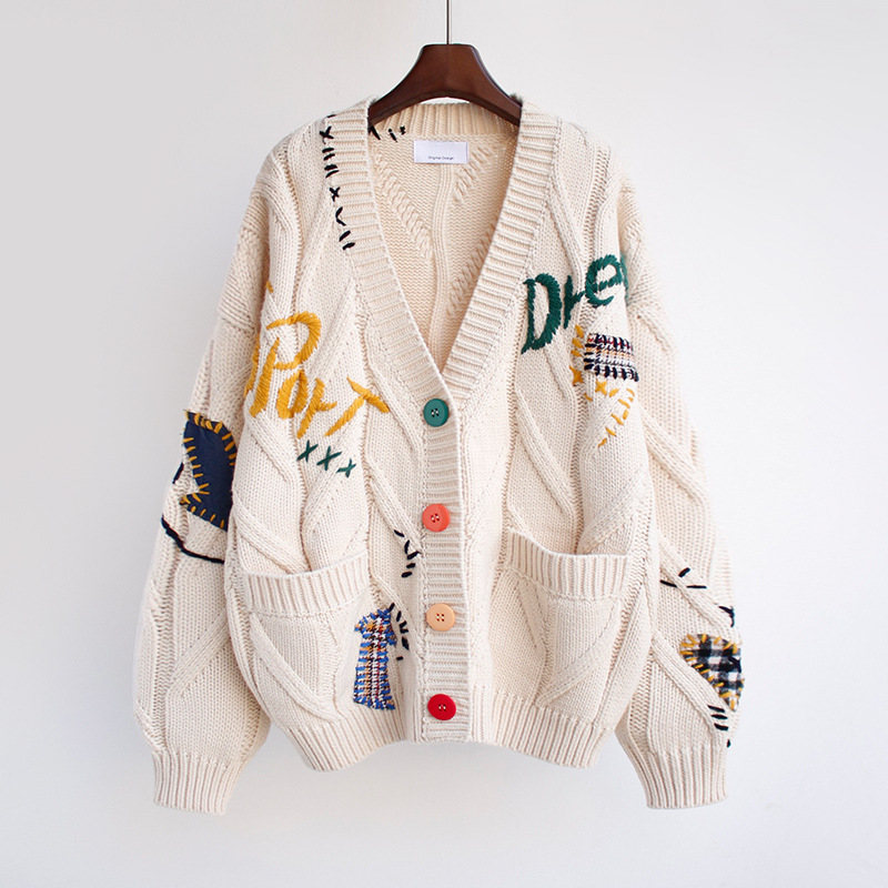 

Autumn Winter Women Cardigan Warm Knitted Sweater Jacket Pocket Embroidery Fashion Knit Cardigans Coat Lady Loose Sweaters
