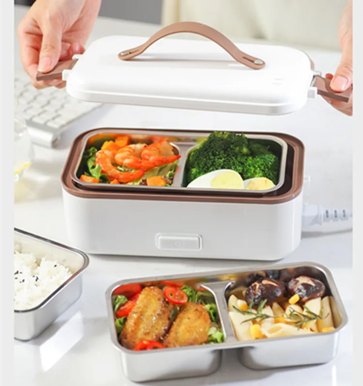 

2 or 3 Liner Stainless Steel Electric Heating Bento Lunch Box Portable Leakproof Thermos Food Heater Warmer Container, White