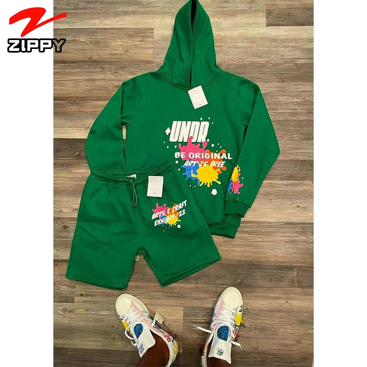 

Men spring short sets streetwear tracksuit custom logo puff print sweatsuit Hoodies and shorts set men, Customized color