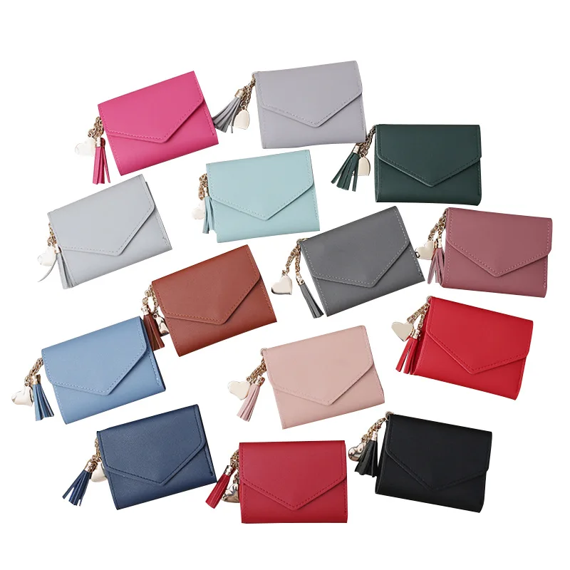 

Wholesale ladies cheap fashion short clutch purse tassel PU leather wallet small cute wallet trifold card bag zero purse, 14colors