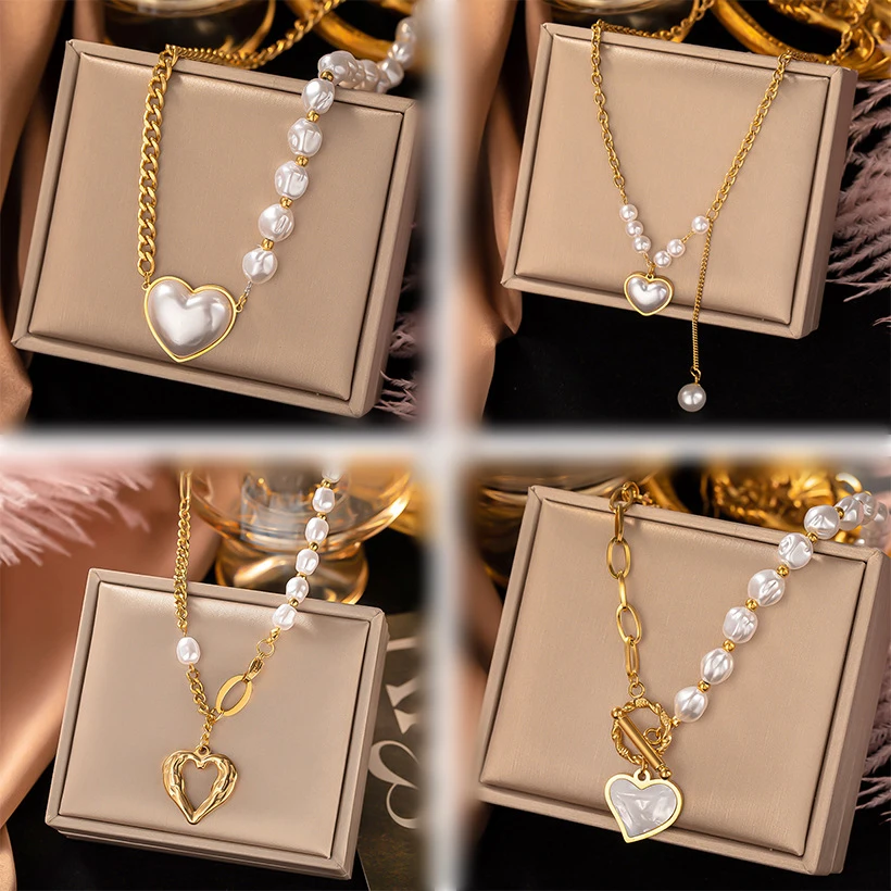 

Dainty Hip Hop Real Gold Plated Stainless Steel Baroque Pearl Heart Pendant Necklace Women Sanke Butterfly Necklace Jewelry