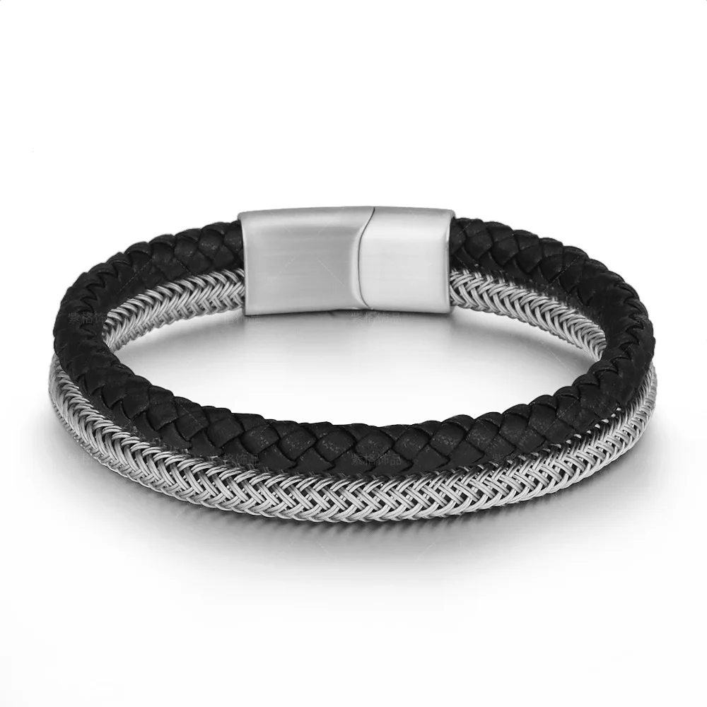 

Leather hand woven rope titanium alloy punk Bracelet Stainless Steel Men's jewelry