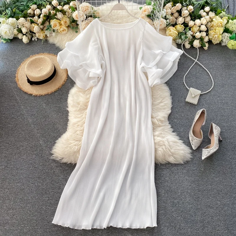 

New Fashion Multiple Colour White Three Layer Ruffle Sleeve Women Summer Pleated Midi Casual Dress