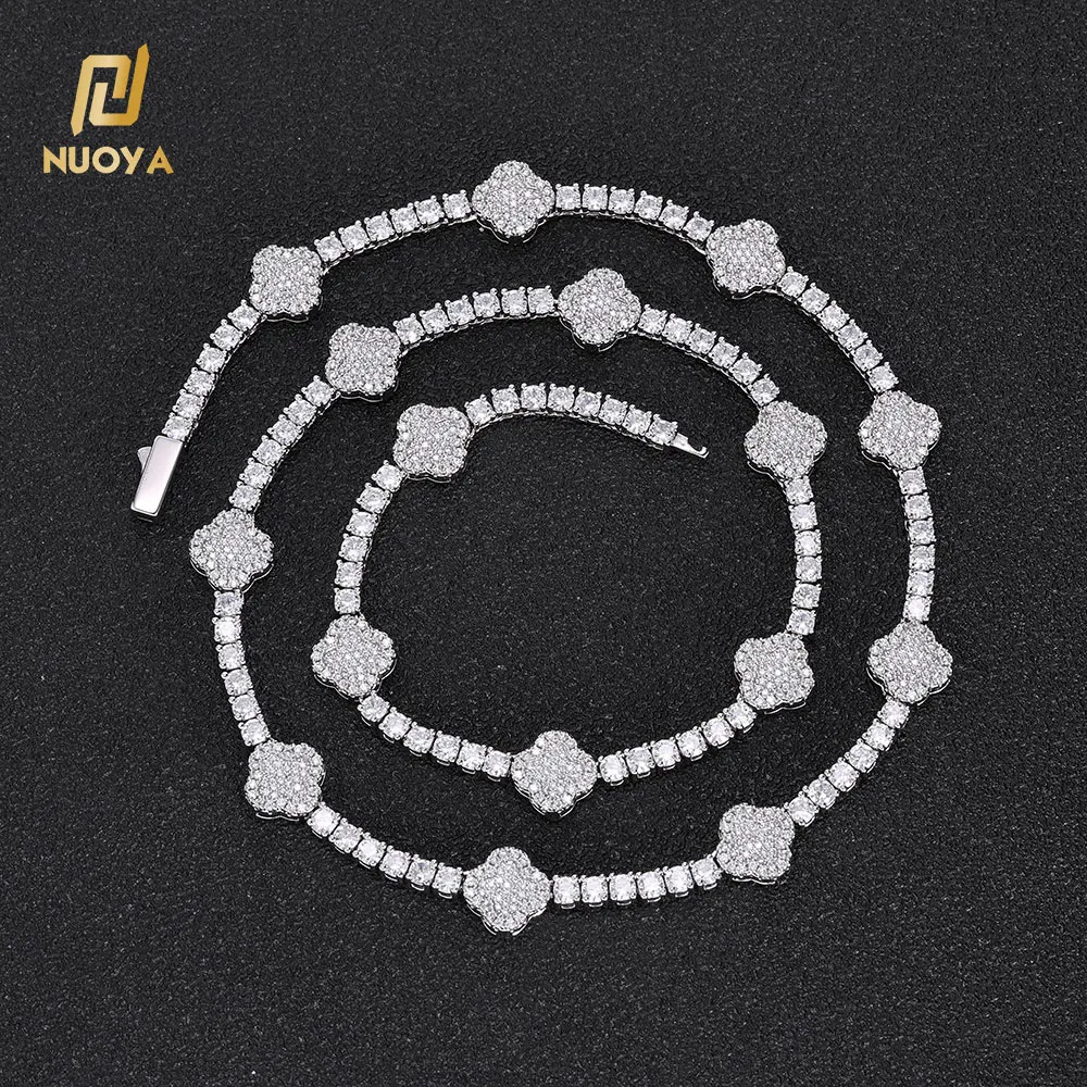 Hip Hop Jewelry 18K Gold Plated Tennis Chain Fine Jewelry for Women Four Leaf Clover Shiny CZ Diamond Tennis Chain Necklace