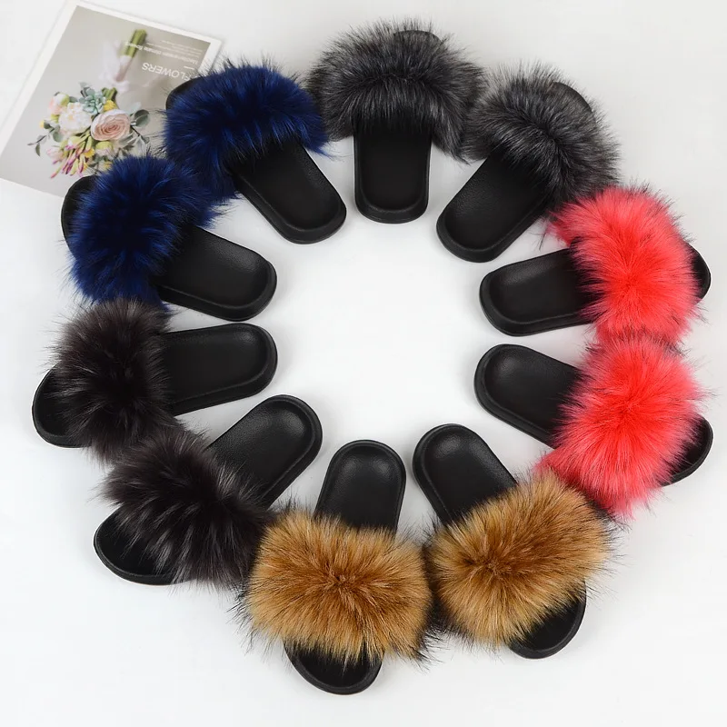 

New Arrival High Quality PVC Sole Soft Fox Fur Slippers Fur Slides For Women, 19colors