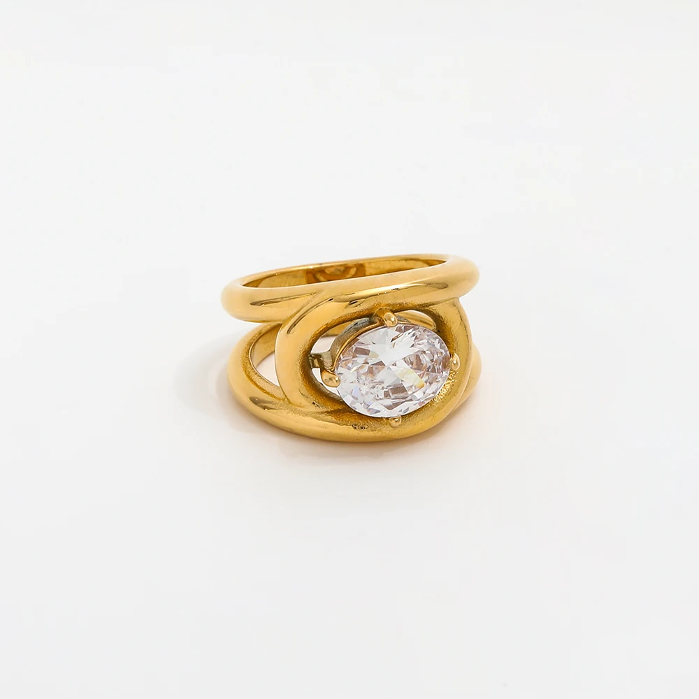 High End 18K Plain Gold Oval Zirconia Dainty Double Layer Special Curve Rings Stainless Steel Trendy Simple Gold Plated Jewelry