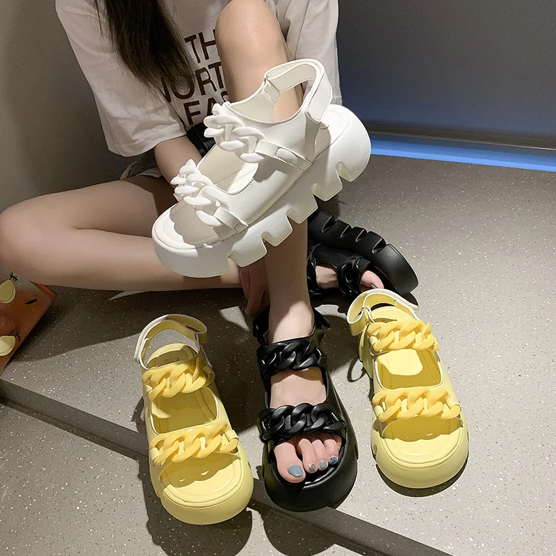 

The Newest Chainese Women Walking Shoe Luxury Chain Shoes Platform Sandals With Wedges, Black, white, yellow