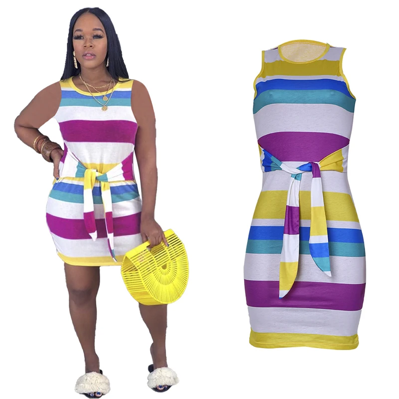 

new arrivals 2021 Amazon wholesale women's clothing, sexy sleeveless skirt belt striped printed dress