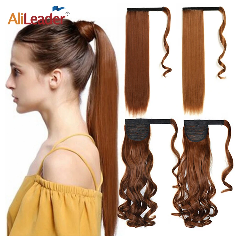 

Hot Selling 22inch Synthetic Silk Straight Ponytail Magic Paste Clip On Hairpieces Wrap Around Body Wave Pony Tails