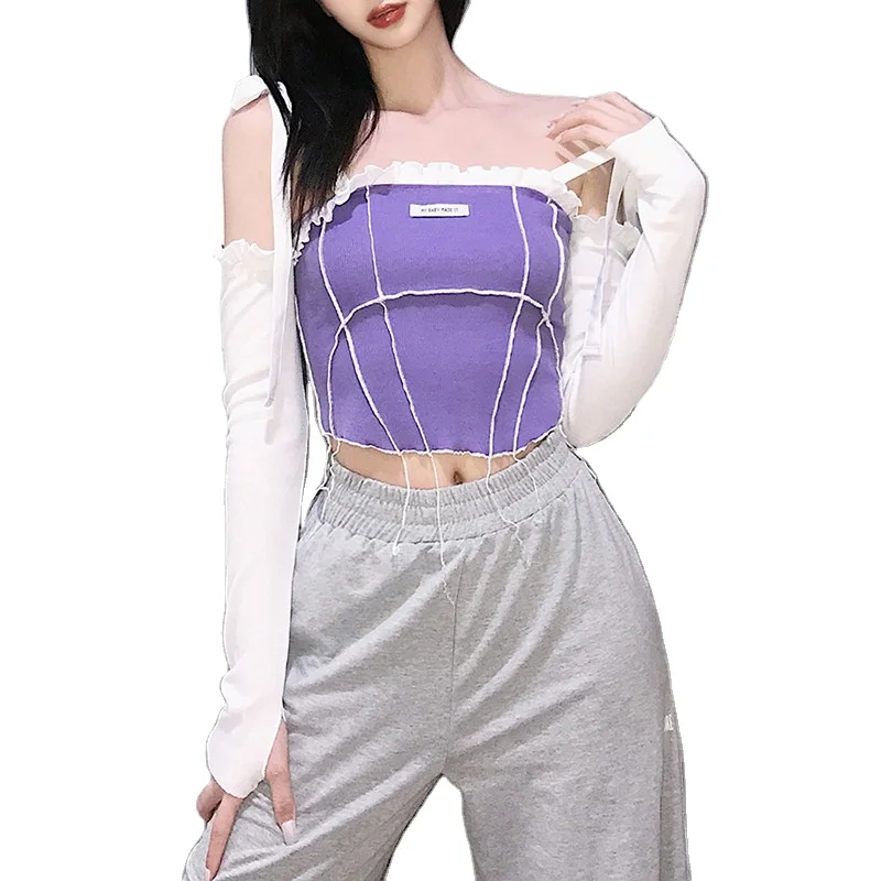 

Popular Design Spring Summer Purple Wpmen Halter Neck Crop Top With White Ribbon