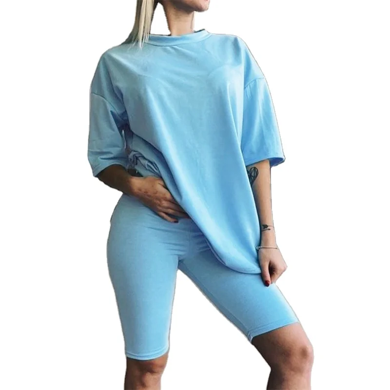 

Two Piece Shorts Set Custom Loose Home Workout Blank Tshirt Women Plus Size Shirts, Customized colors