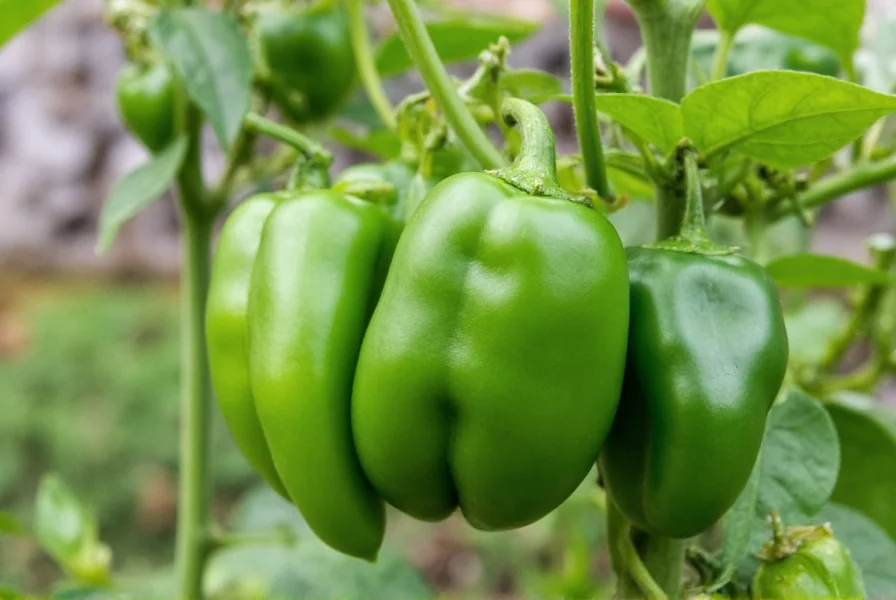 Healthy cubanelle pepper plant growing in garden with multiple green peppers visible on bushy plant